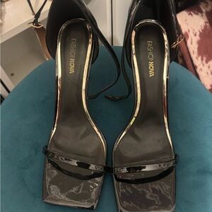 Fashion Nova Black Patent Square-Toe Ankle Strap Heels